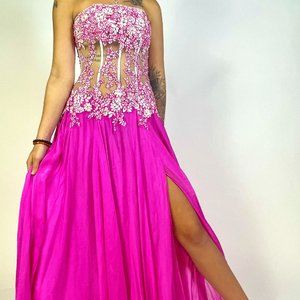 vintage Sherri Hill pink beaded embroidered mesh strapless prom dress